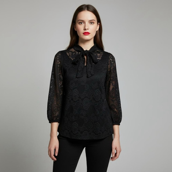 Cable & Gauge Tops - Cable & Gauge Black Lace Tie Neck Long Sleeve Blouse Women’s Size Small